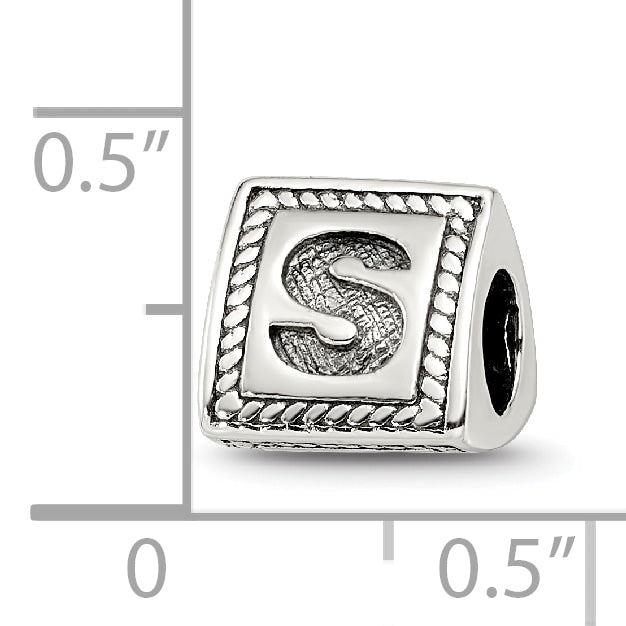 Sterling Silver 925 Antiqued Letter S Block Bead Charm Solid Elegant Design