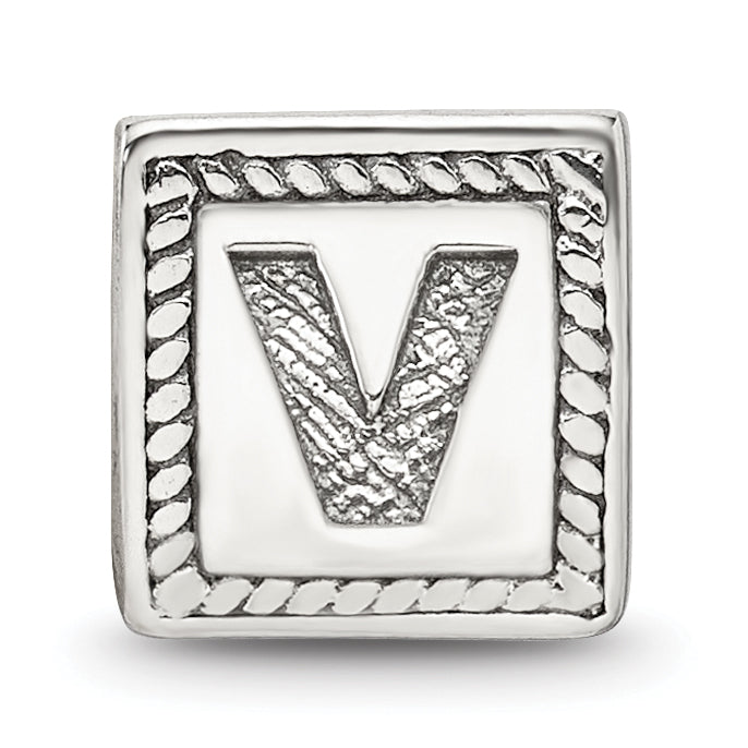 Sterling Silver 925 Letter V Bead with Antiqued Finish Solid Block Design