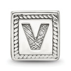 Sterling Silver 925 Letter V Bead with Antiqued Finish Solid Block Design