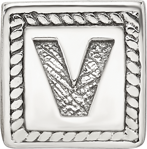 Sterling Silver 925 Letter V Bead with Antiqued Finish Solid Block Design