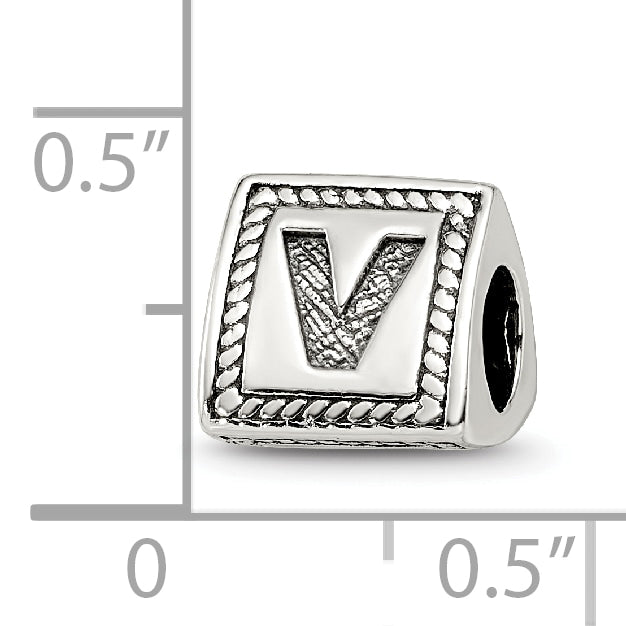 Sterling Silver 925 Letter V Bead with Antiqued Finish Solid Block Design