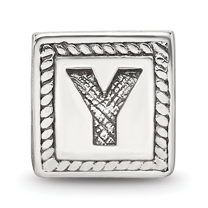 Sterling Silver 925 Antiqued Letter Y Block Bead Solid Vintage Charm