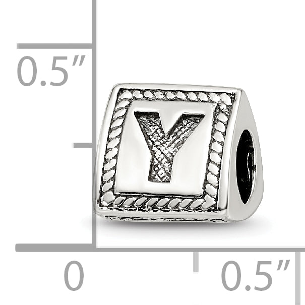 Sterling Silver 925 Antiqued Letter Y Block Bead Solid Vintage Charm