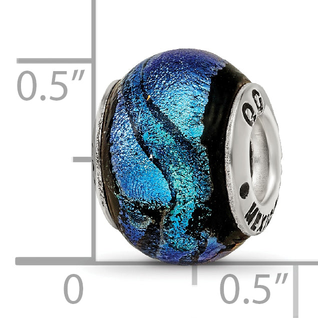 Sterling Silver 925 Antiqued Blue Dichroic Glass Bead Elegant Artisan Design