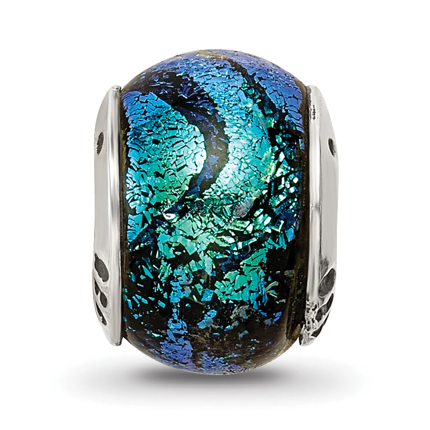 Sterling Silver 925 Green Dichroic Glass Bead with Antiqued Finish