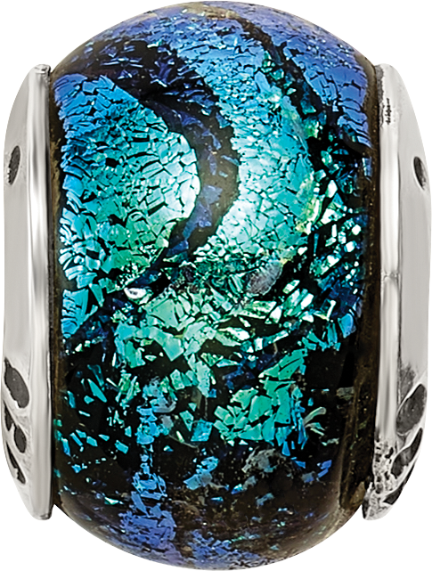 Sterling Silver 925 Green Dichroic Glass Bead with Antiqued Finish