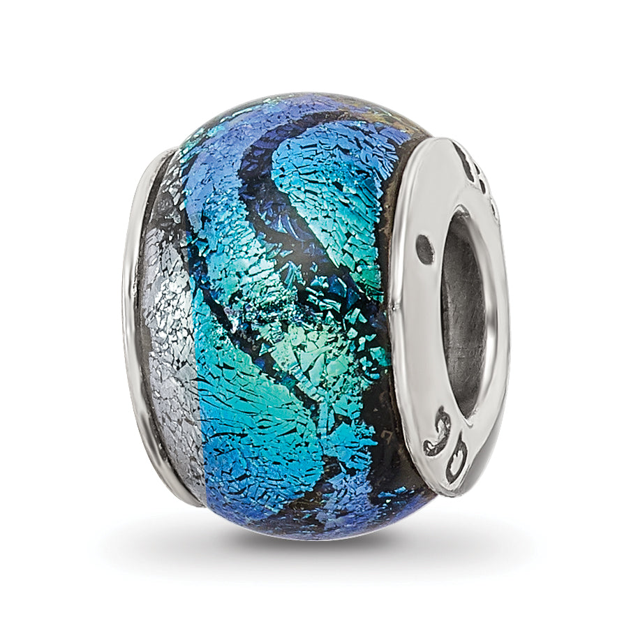 Sterling Silver 925 Green Dichroic Glass Bead with Antiqued Finish