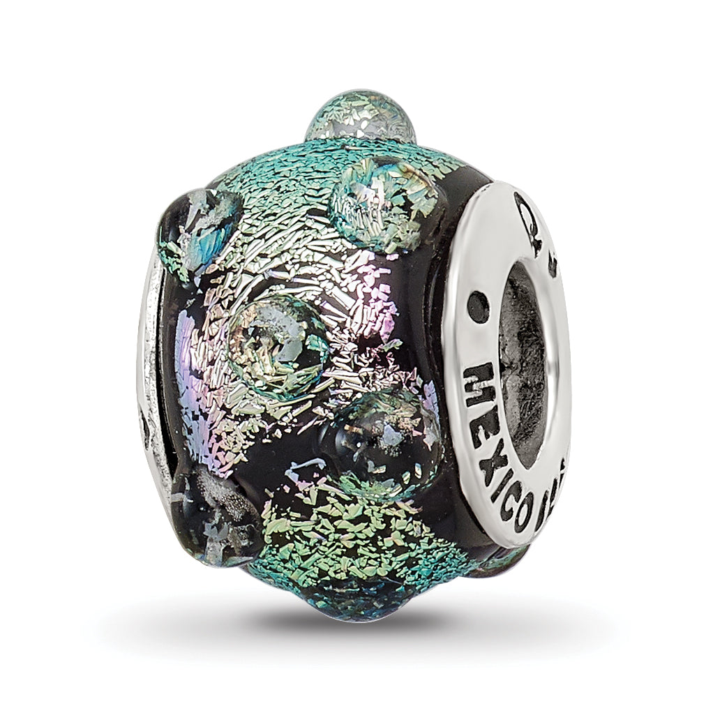 Sterling Silver 925 Purple Dichroic Glass Bead with Antiqued Finish