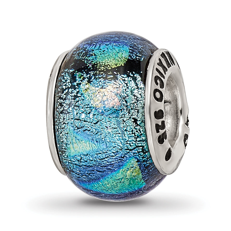Sterling Silver 925 Blue Dichroic Glass Bead with Antiqued Finish