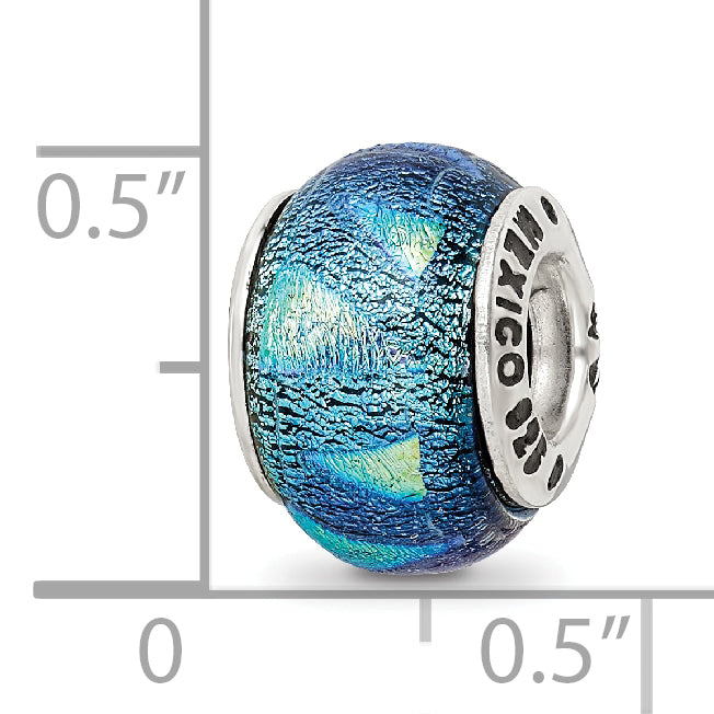 Sterling Silver 925 Blue Dichroic Glass Bead with Antiqued Finish