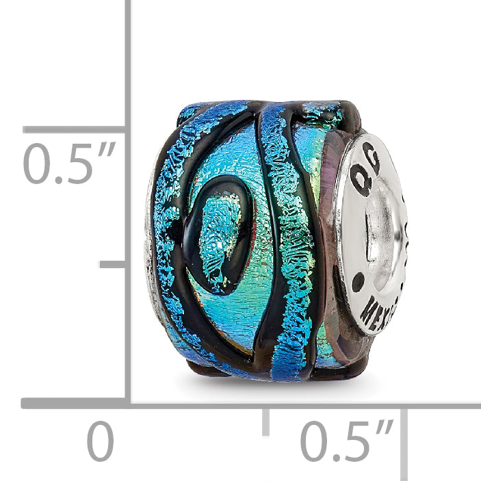 Sterling Silver Reflections Bead with Green Dichroic Glass and Antiqued Finish