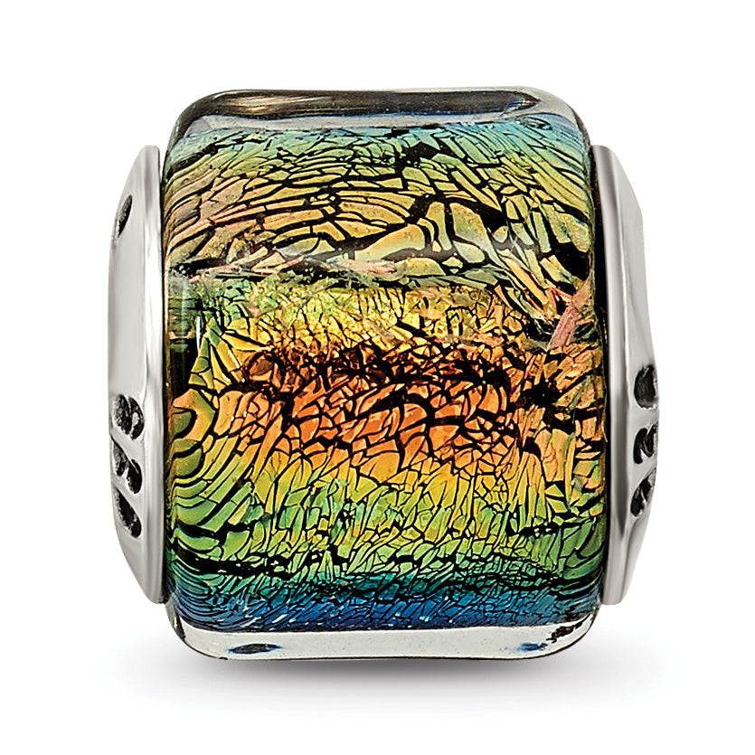Sterling Silver 925 Rainbow Dichroic Glass Bead with Antiqued Finish