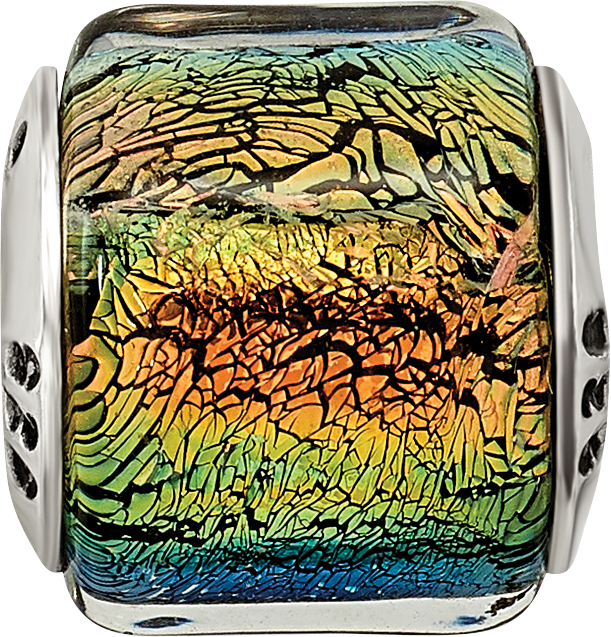 Sterling Silver 925 Rainbow Dichroic Glass Bead with Antiqued Finish