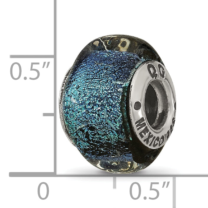 Sterling Silver 925 Antiqued Square Bead with Blue Dichroic Glass for Elegant Jewelry