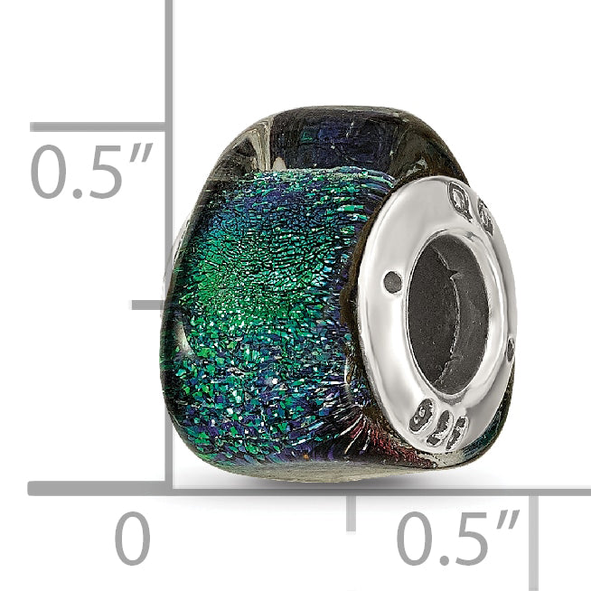 Sterling Silver 925 Green Dichroic Glass Triangle Bead Antiqued Finish Elegant Charm