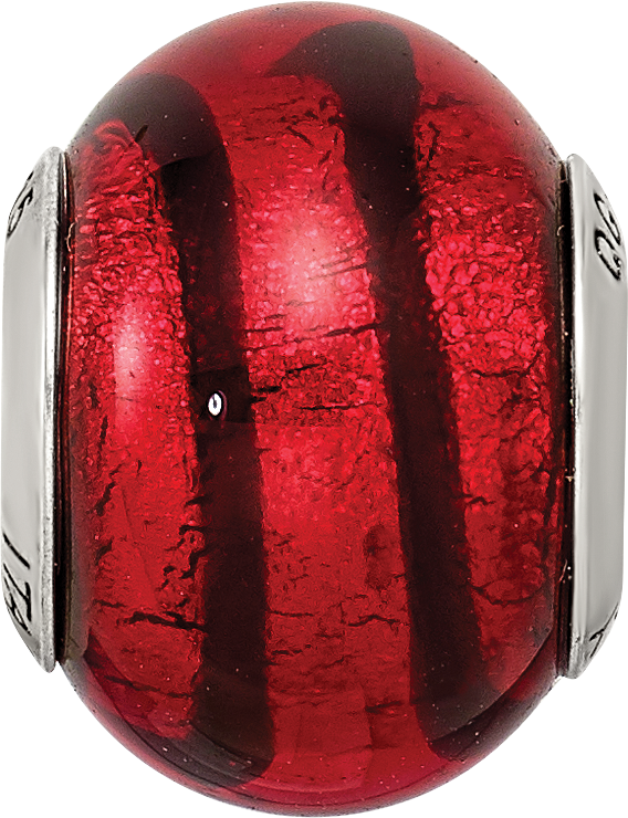 Sterling Silver 925 Murano Glass Bead with Red/Black Design and Antiqued Finish