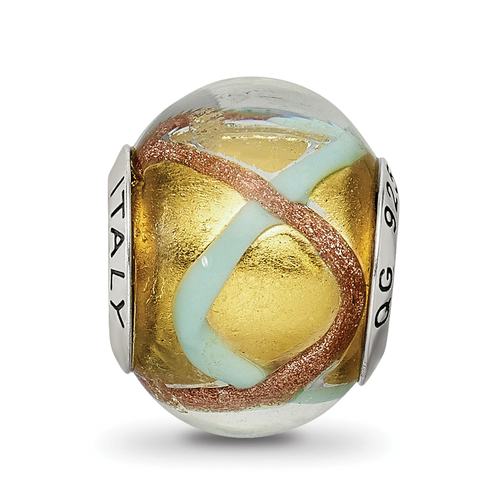 Sterling Silver Murano Glass Bead with Antiqued Finish in Yellow/Gold/Blue