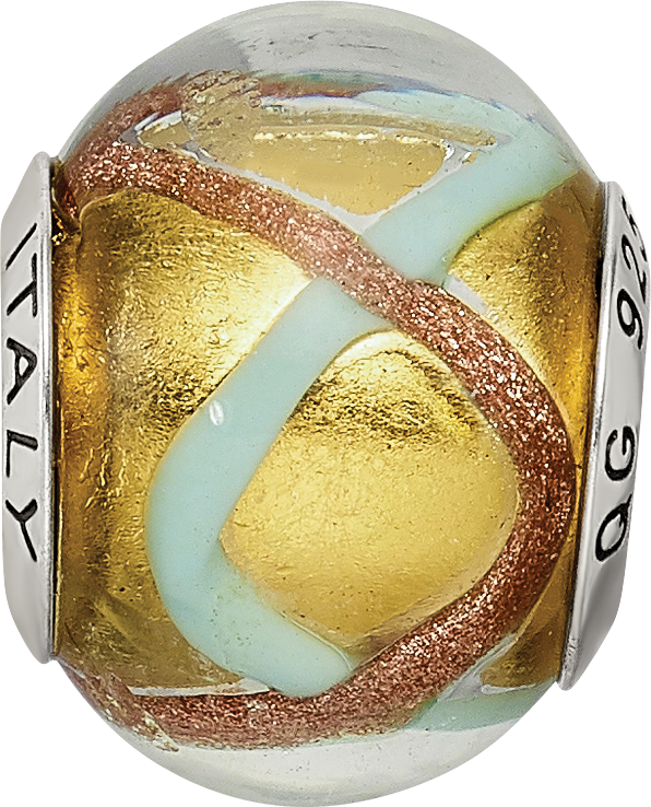 Sterling Silver Murano Glass Bead with Antiqued Finish in Yellow/Gold/Blue