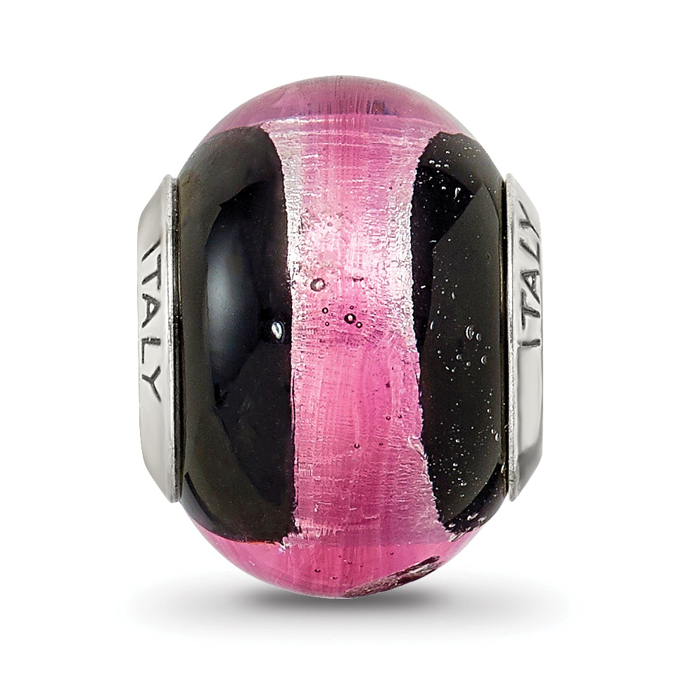 Pink & Black Italian Murano Bead Charm in Sterling Silver
