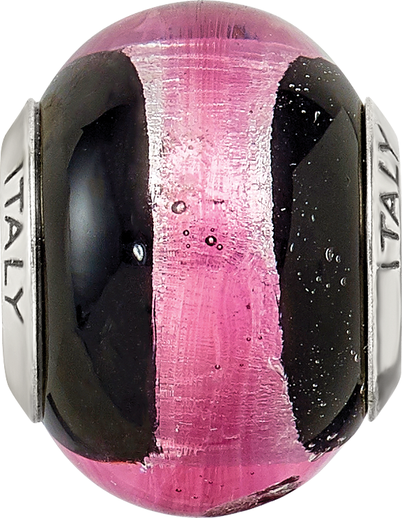 Pink & Black Italian Murano Bead Charm in Sterling Silver