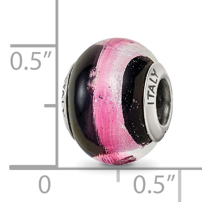 Pink & Black Italian Murano Bead Charm in Sterling Silver