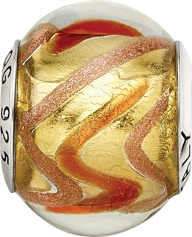 Sterling Silver 925 Murano Glass Bead in Yellow/Gold/Red Antiqued Finish