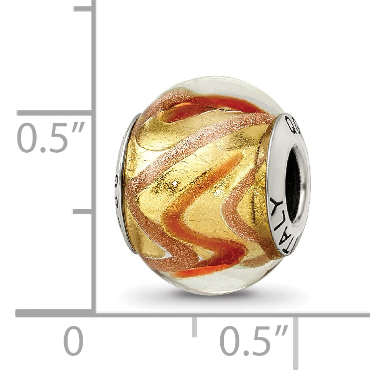 Sterling Silver 925 Murano Glass Bead in Yellow/Gold/Red Antiqued Finish