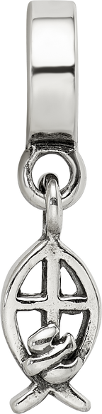Sterling Silver 925 Ichthus Dangle Bead with Polished Finish Solid Design