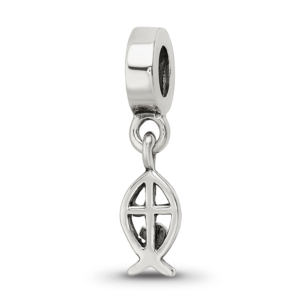 Sterling Silver 925 Ichthus Dangle Bead with Polished Finish Solid Design