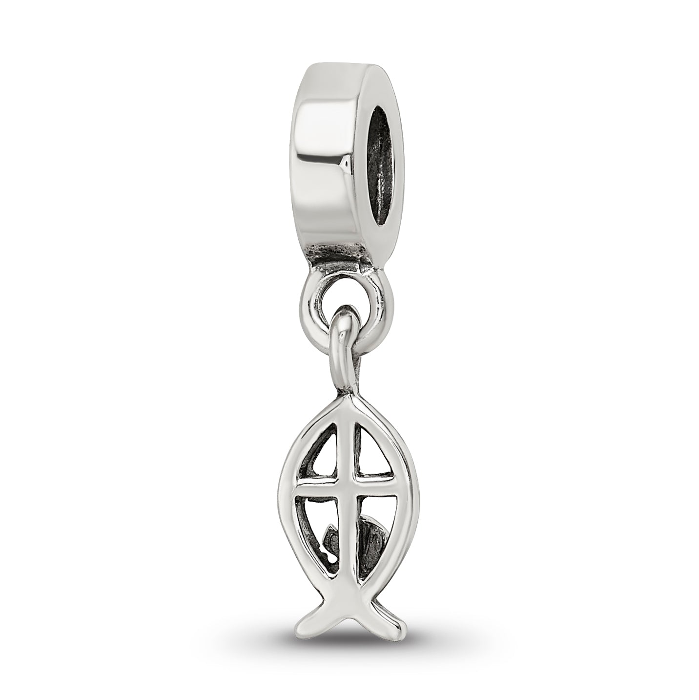 Sterling Silver 925 Ichthus Dangle Bead with Polished Finish Solid Design