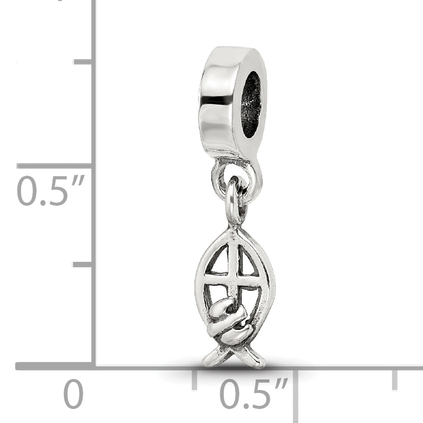 Sterling Silver 925 Ichthus Dangle Bead with Polished Finish Solid Design