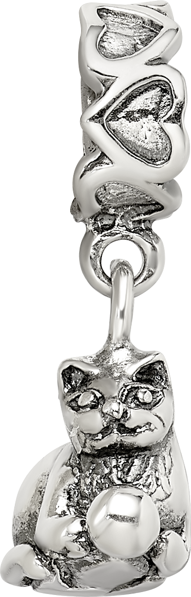 Sterling Silver 925 Kitten with Ball Dangle Bead Antiqued Finish Handcrafted Charm