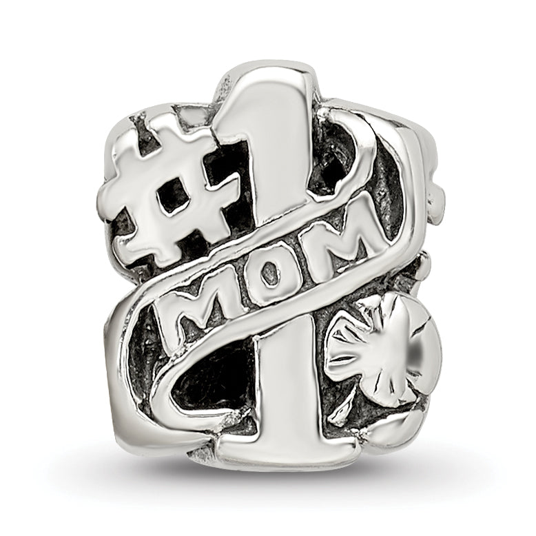 Sterling Silver 925 #1 Mom Bead with Antiqued Finish Elegant Gift for Charm Bracelets