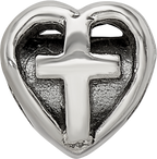 Sterling Silver 925 Kids Heart Bead with Cross Antiqued Finish Solid Design