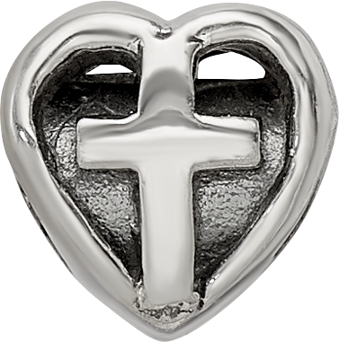 Sterling Silver 925 Kids Heart Bead with Cross Antiqued Finish Solid Design