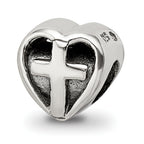 Sterling Silver 925 Kids Heart Bead with Cross Antiqued Finish Solid Design