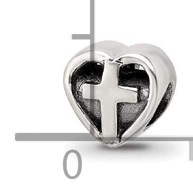 Sterling Silver 925 Kids Heart Bead with Cross Antiqued Finish Solid Design