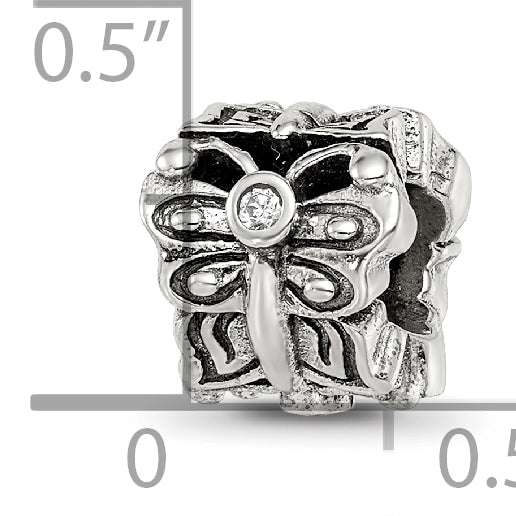Sterling Silver 925 Butterfly Bead with CZ Accent Antiqued Finish