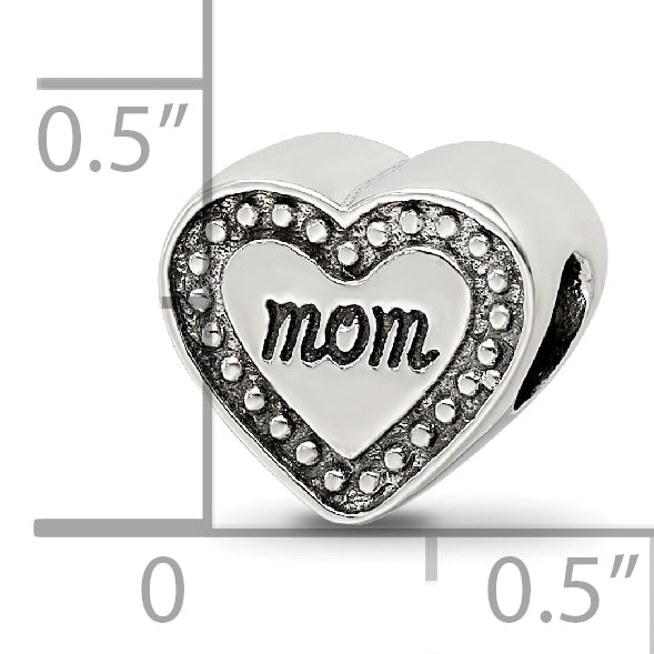 Sterling Silver 925 Antiqued Mom Heart Bead Solid Casted for Charm Bracelets
