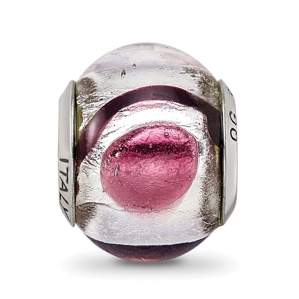 Sterling Silver Murano Glass Bead with Lavender, White & Black Detailing, Polished Finish