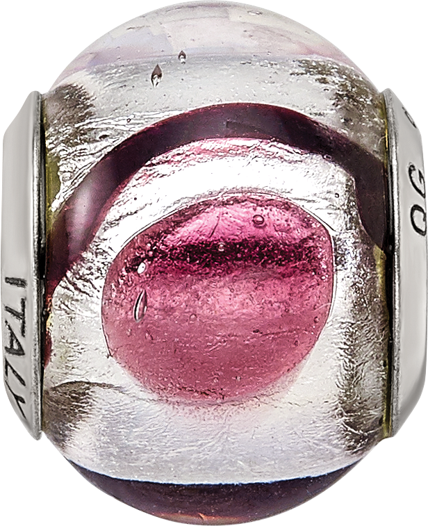 Sterling Silver Murano Glass Bead with Lavender, White & Black Detailing, Polished Finish