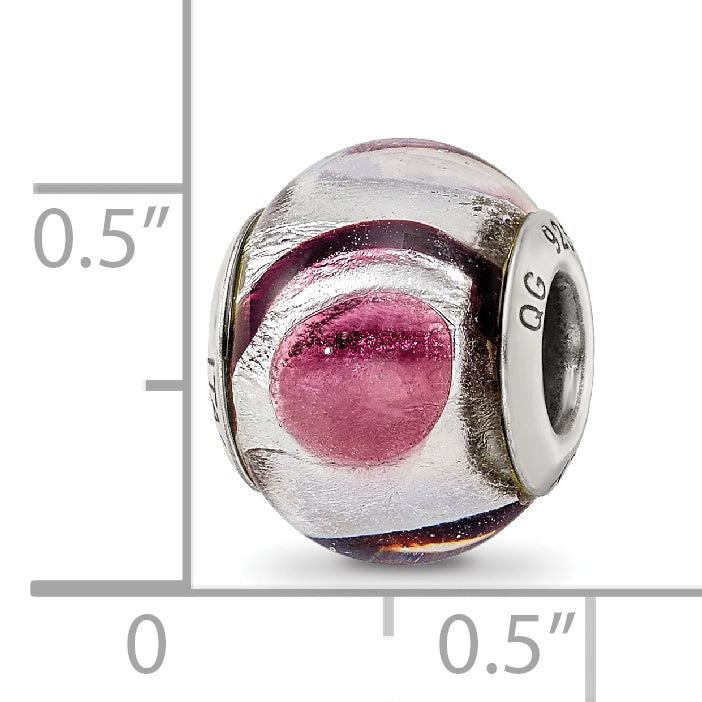 Sterling Silver Murano Glass Bead with Lavender, White & Black Detailing, Polished Finish
