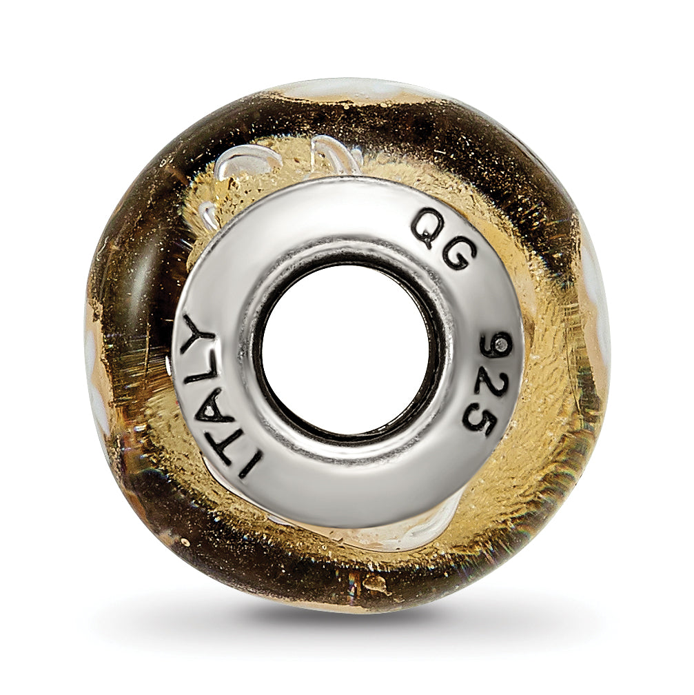 Sterling Silver Murano Bead with Polished Gold and White Flower Design