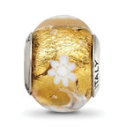 Sterling Silver Murano Bead with Polished Gold and White Flower Design