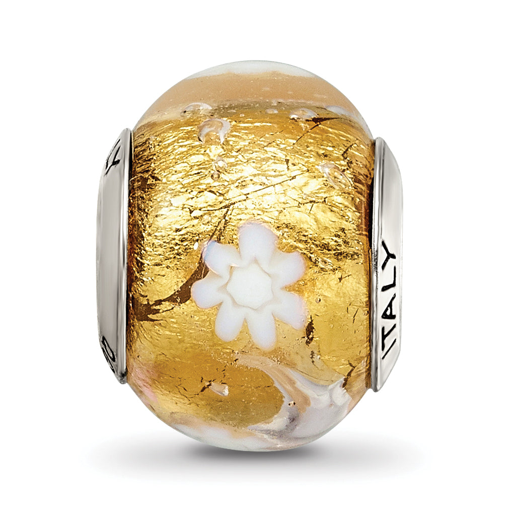Sterling Silver Murano Bead with Polished Gold and White Flower Design