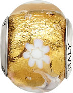 Sterling Silver Murano Bead with Polished Gold and White Flower Design