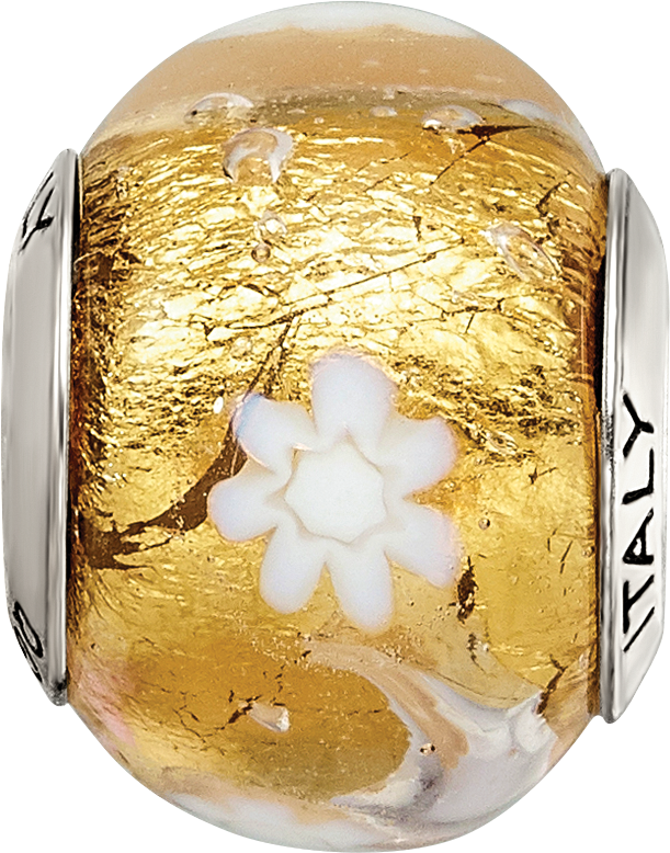 Sterling Silver Murano Bead with Polished Gold and White Flower Design