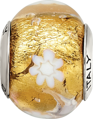 Sterling Silver Murano Bead with Polished Gold and White Flower Design