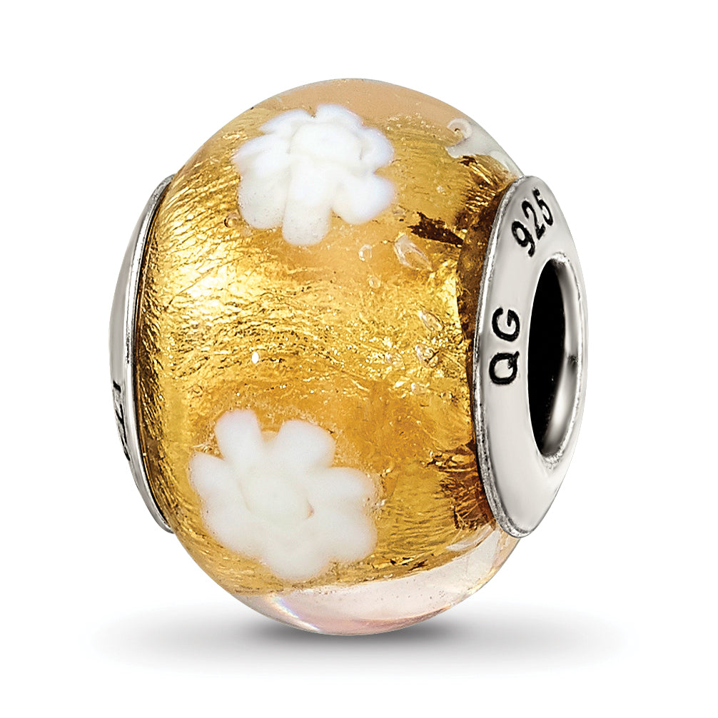 Sterling Silver Murano Bead with Polished Gold and White Flower Design
