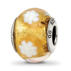 Sterling Silver Murano Bead with Polished Gold and White Flower Design